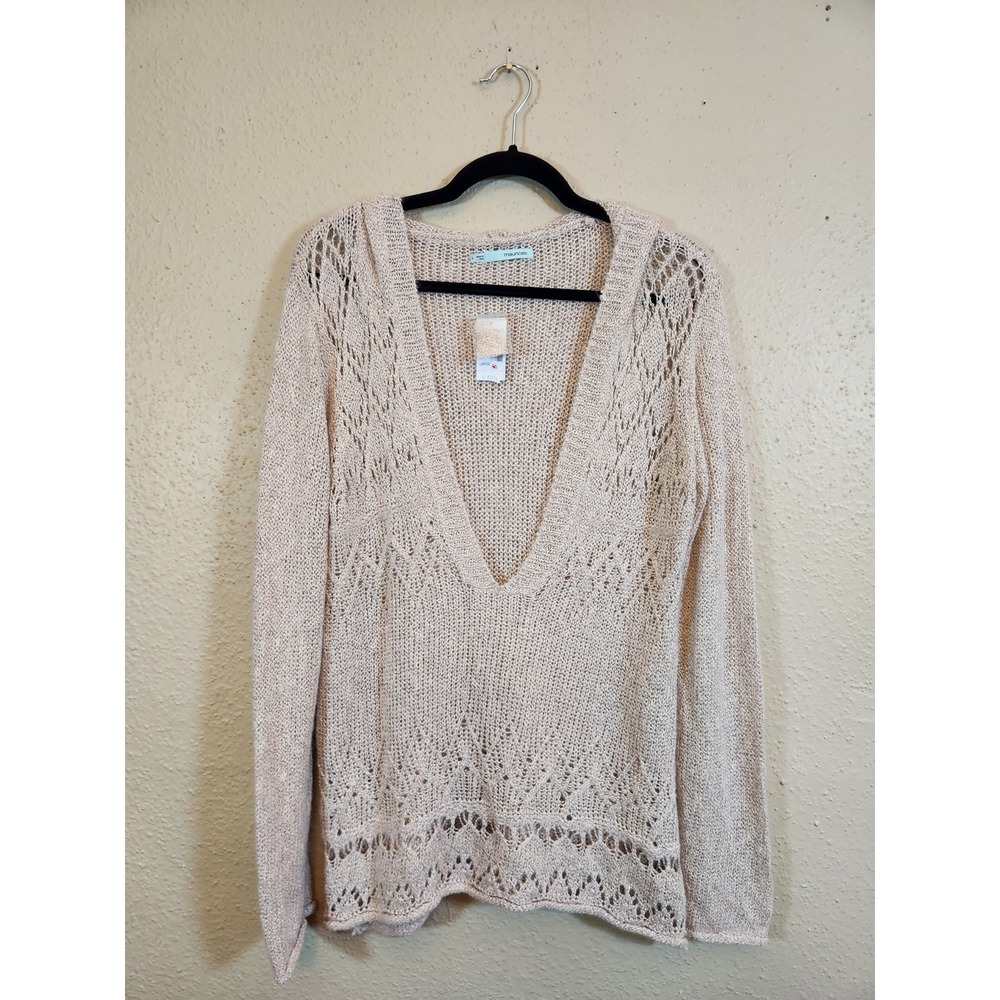 Maurices Womens Large Beige Metallic‎ Crochet Knit Hooded V-Neck Sweater Boho